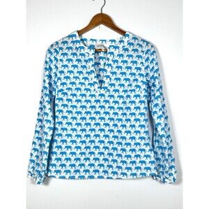 Elizabeth McKay Elephant Print Silk Cotton Tunic Top Blouse Blue White Size 2